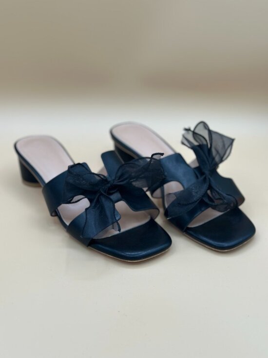 Coutgo Shoes - Coutgo Black Organza Bow Heeled Slide Sandals Women’s Size 8.5 Square Toe Mule H